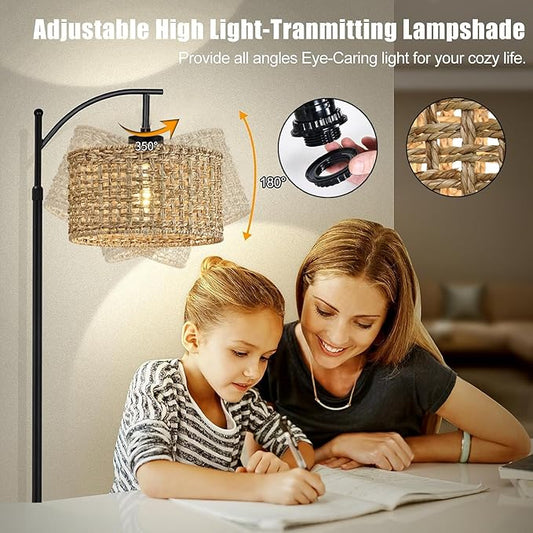 Arc Floor Lamp for Living Room with Remote Control,Farmhouse Boho Floor Lamps with 3 Color Temperature,Rustic Standing Lamp with Rattan Wicker Shades,Adjustable Tall Lamp for Bedroom,Office,Reading
