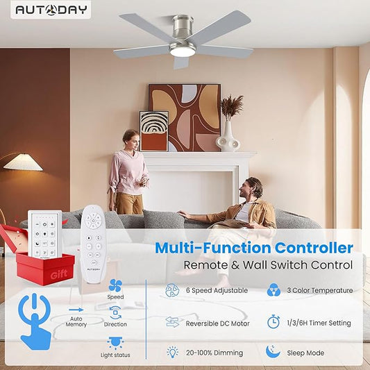 42 Inch Low Profile Ceiling Fan with Light, Burshed Nickel Ceiling Fans with Lights and Remote, Flush Mount, 6 Speeds Quiet DC, 3CCT Dimmable, Indoor Outdoor Ceiling Fans for Patios Bedroom