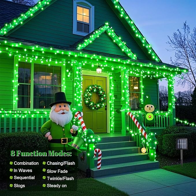 St Patricks Day Decorations String Lights 2 Pack Green Solar Lights Outdoor Waterproof Total 144FT 400LED Christmas Fairy Lights 8 Modes for Halloween Xmas Irish St. Patrick's Day Decor (Green-2 Pack)