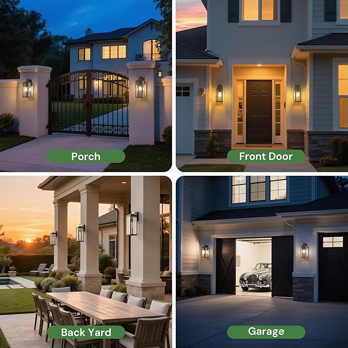 DORESshop Large Size Dusk to Dawn Outdoor Wall Lights, 16 Inch Matte Black Waterproof Anti-Rust Outdoor Light Fixtures Wall Mount with Water Ripple Glass Shade for Porch, Garage, ETL Listed, 2 Pack