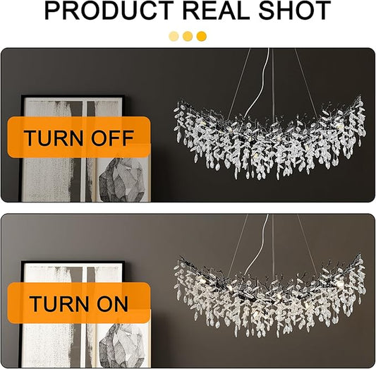 Modern Crystal Tree Branches Chandelier, 47.5in Black 12 Lights Large Ceiling Hanging Light for Dining Room, Arc Raindrop Pendant Light Fixture