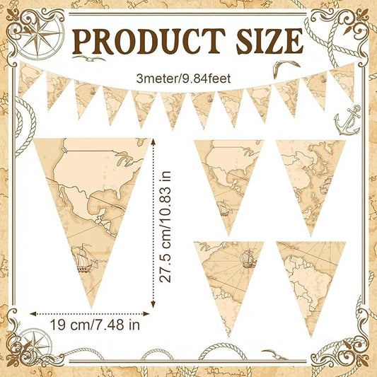 HESTYA 5 Pcs 49 Feet Vintage Antique Map Pennant Banner Retro Nautical Sailing Ship Triangle Flag Bunting for Travel Themed Party Graduation Farewell Going Away Retirement Adventure Decoration
