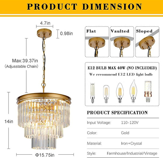 15.8" Gold Crystal Chandelier 6-Lights Crystal Round Pendant Lights 3-Tier Luxury Hanging Ceiling Light Fixture for Hallway Dining Room Living Room Bedroom Kitchen Island Stairway Entryway