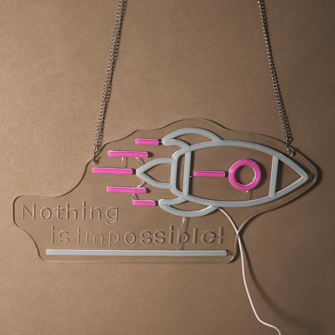 "Nothing Is Impossible!" Rocket Neon Light for Gaming Room Office – Motivational LED Wall Art, Dimmable USB Space-Themed Decor for Study Gym, Inspiring Gift for Gamers Teens Entrepreneurs