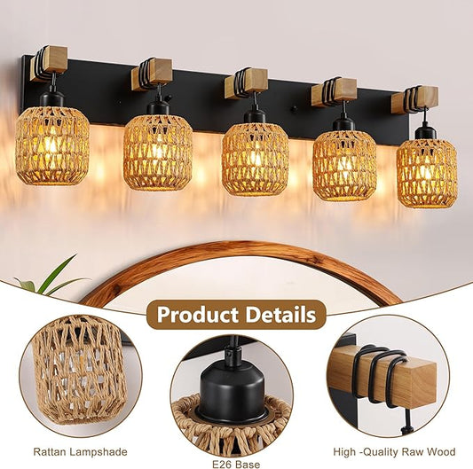 LmnLvn 36" Boho Bathroom Light Fixture, 5-Light Farmhouse Vanity Light, Rattan Bathroom Light Fixture Over Mirror Rustic Vanity Lighting with Handwoven Shades, Suit for Restroom, Bedroom, Hallway