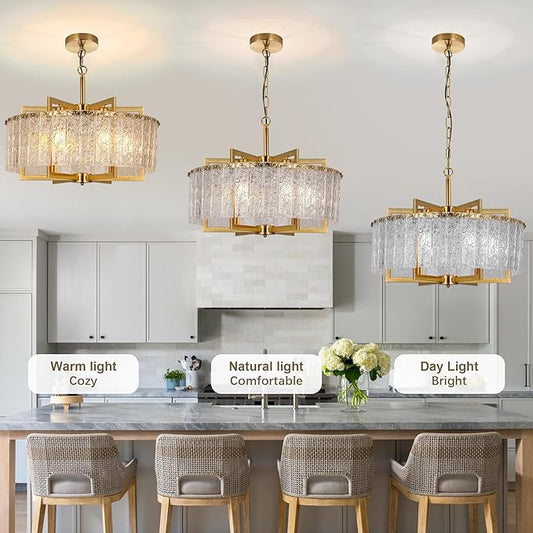 Gold Crystal Chandeliers for Dining Room, 24" Modern Drum Chandelier,Water Ripple Glass, Adjustable Height, Pendant Dining Room Light Fixture for Kitchen Island Hallway Entryway Foyer