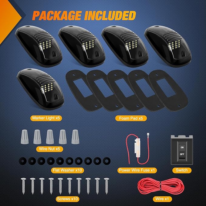 Nilight Cab Roof Marker Light 5 PCS 16 LED Smoked Lens White Top Clearance Lights Kit Waterproof Surface Mount for Ford Dodge Ram SUV POV Pickup Trucks