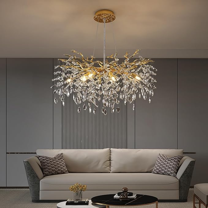 Crystal Tree Branches Chandeliers Luxury Round Gold Hanging Pendant Light 10 Lights for Dining Room Bedroom Living Room Entryway 30.5"