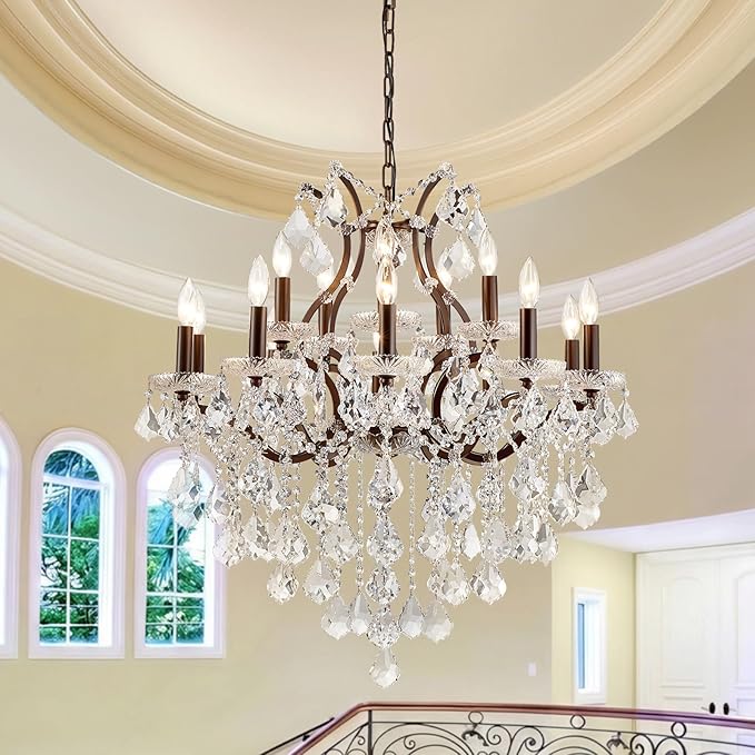 15 Lights Crystal Chandeliers for Dining Room Maria Theresa Chandeliers Vintage Pendant Light Fixture Living Room Bedroom Entryway Kitchen Brown 31.5" H x 30.7" D