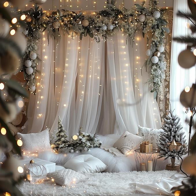 Fomcet Tulle Backdrop Curtains White 20FT X 10FT Tulle Curtains with Lights String Sheer Backdrop Curtain for Parties Wedding Baby Shower Photo Shoot Decorations (4 Panels 5x10FT)