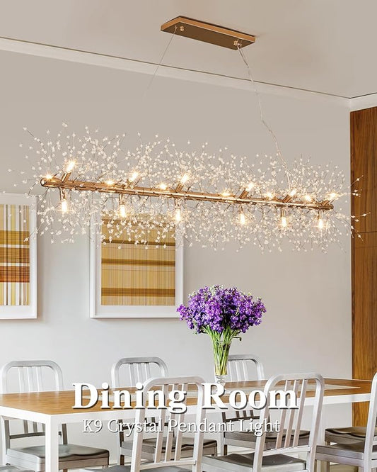 Modern 59" Modern Gold Crystal Firework Chandelier, 18-Light Pendant Light Fixture, Rectangle Linear Sputnik Dandelion Chandeliers for Dining Room Kitchen Living Room