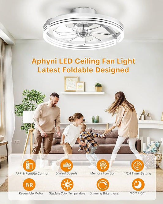 Ceiling Fans with Lights and Remote Low Profile Flush Mount LED Ceiling Fan with Lights 3000K-6500K Dimmable Foldable Fandelier Light 6 Wind Speeds Night Light for Bedroom Living Room White