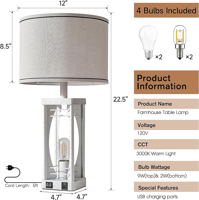 SRJJA Farmhouse Table Lamps Set of 2 for Living Room, Modern Industrial Bedside Lamps with USB A+C Charging Ports, 22.5" Dual Light Nightstand Lamp with Linen Shade for Bedroom End Tables