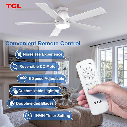 TCL 52" Modern Ceiling Fan with Lights, 5 Blades, 6 Speeds DC Reversible, Dimmable, White Flush Mount for Bedroom, Living Room and Garage