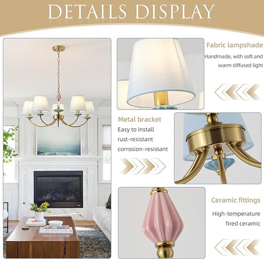 Blue Chandelier for Bedroom Light Fixture, Brushed Gold Art Deco Chandelier with Fabric Shade,Antique Modern Chandeliers paired with Ceramic for Girls Bedroom,Living Room,Dining Room