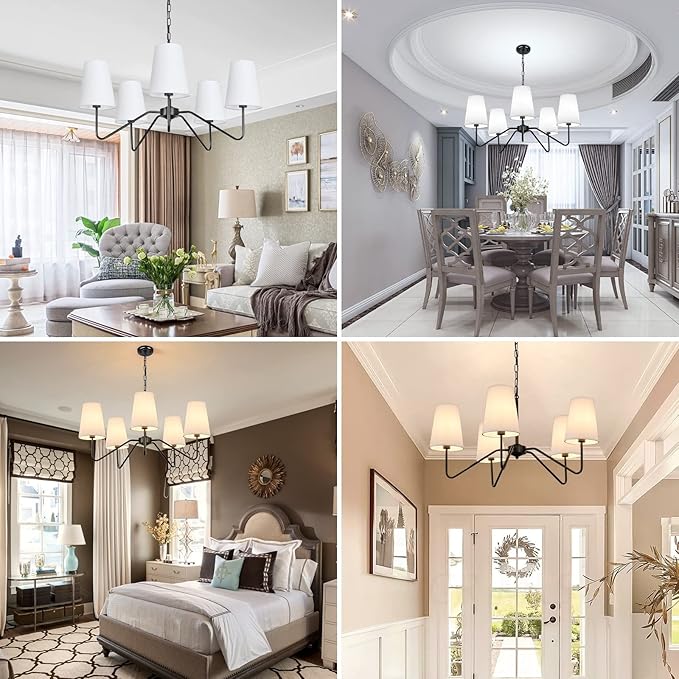 5-Light 30” Modern Chandelier with White Shades, Classic Pendant Ceiling Light Fixture for Dining Room, Black Chandelier with E12 Base Hanging Lamp for Living Room Hallway Bedroom, Height Adjustable