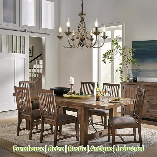 6-Light Farmhouse Candle Chandelier for Living Room, Rustic Industrial Pendant Ceiling Light fixture, Vintage Ceiling Hanging Lamp for Bedroom Hallway Kitchen Dining Room Foyer, Brown E12 Socket