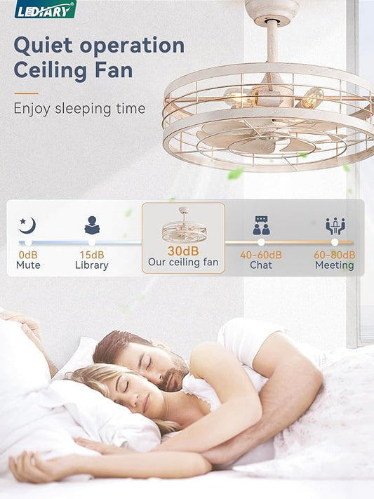 LEDIARY 22 inch Caged Ceiling Fan with Light, Bladeless Industrial Ceiling Fan with Remote, Farmhouse Fan Lights Ceiling Fixtures for Kitchen, Bedroom, Outdoor(6 Speed, Timing)-White and Gold