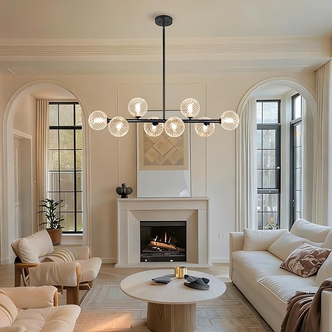 Linear Chandeliers for Dining Room, 8-Light Clear Swirled Glass Globe 37" Mid Century Modern Sputnik Chandeliers Bubble Chandelier Black Dining Room Chandelier Pendant Lights Kitchen Island