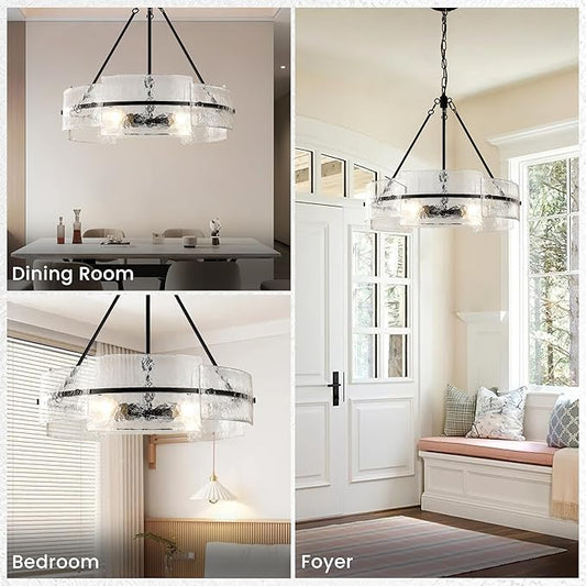 Modern Dining Room Chandelier 22” Black Textured Glass Chandelier Luxury Drum Crystal Light Fixture Farmhouse Round Hanging Lighting for Dining Room Kitchen Island Living Room Hallway Bedroom