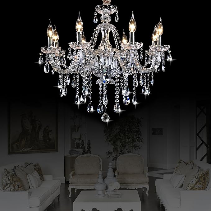 Bagood Clear 8 Lights K9 Crystal Candle Chandeliers Lighting Modern Pendant Lights Ceiling Fixture Lamp for Dining Living Room Bedroom Entry Elegant Decoration E12 Base, H20.5 x W28.3 Inch