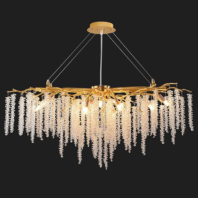 Modern Crystal Tree Branch Chandelier, Gold Linear Art Deco Raindrop Indoor Hanging Pendant Light Fixture for Dining Room Kitchen Island Living Room Bedroom 13 Lights L40''