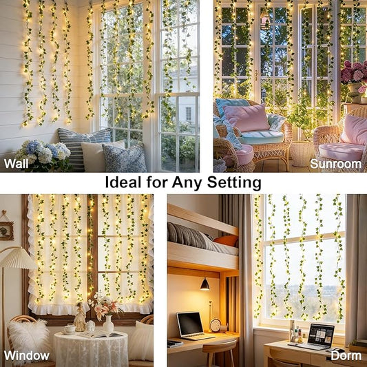 suddus Vines with Light for Bedroom, 200 LED Fairy Lights with Vines, Ivy Curtain Lights for Dorm, Wedding, Party, Wall, Indoor, Outdoor Decor, 6.5ft x 6.5ft with Remote(Warm White)
