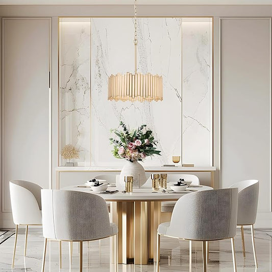KSANA Gold Drum Chandelier, Modern Drum Pendant Light Fixture with Cream Glass Shade for Dining & Living Room, Bedroom, Foyer and Kitchen