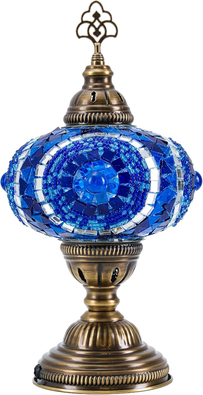 Turkish Lamp, Mosaic Table Lamp, Antique Moroccan Decorative Glass Bohemian Vintage Lamp Shade, Small Desk Tiffany Bedside Stained Glass Lamp with US Plug and E12 Socket