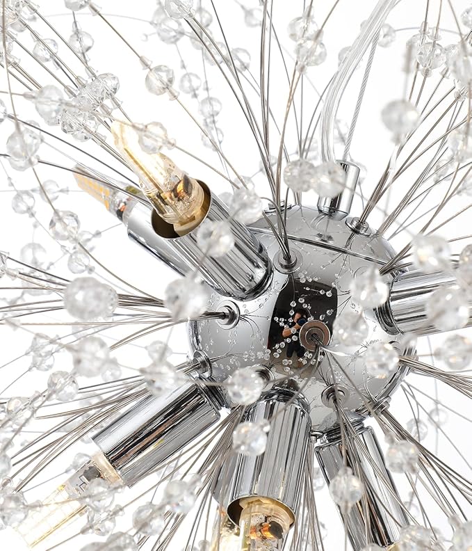 Dandelion Crystal Chandeliers, 8-Light Small Chrome Firework Pendant Lights, 15.7" Stainless Steel Sputnik Chandelier Light Fixture for Kitchen Island Bedroom