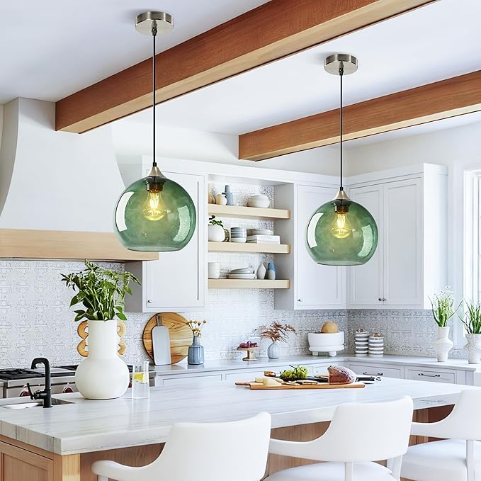 9.1in Large Green Glass Pendant Light for Kitchen Island(1-Pack), Includes Extra Bulb & 4.92FT Adjustable Cord, Modern Pendant Lighting Fixtures for Kitchen, Dining Room, Living Room
