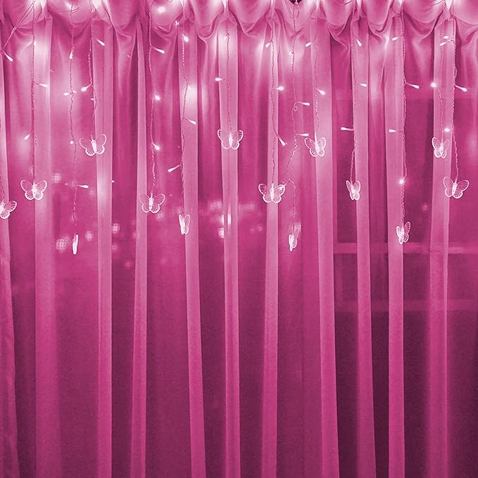 Butterfly Curtain Fairy Lights USB Plug in, 8 Modes 96 LED 11.5FT Firefly Window Twinkle Timer String Lights with Remote for Bedroom Patio Christmas Wedding Party Decoration (Pink)