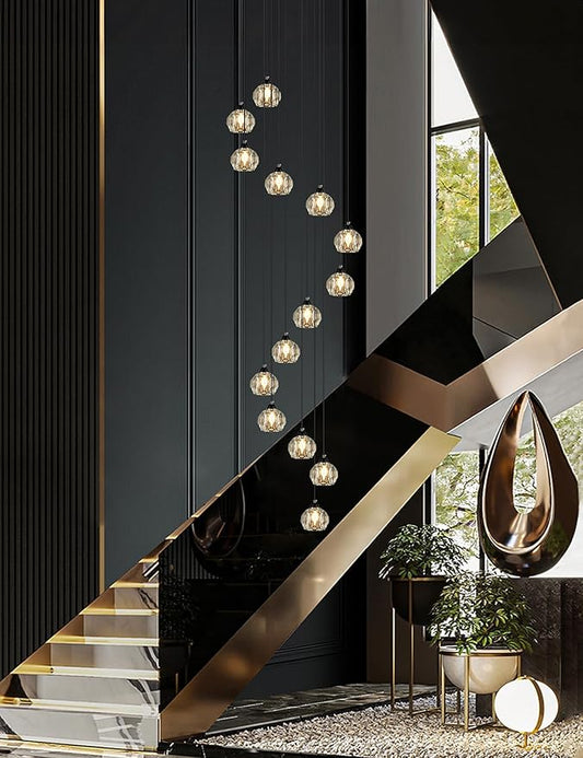 Weesalife Crystal Chandeliers for Staircases, 14-Light Black Modern Chandeliers for High Ceilings,Crystal Pendant Light Fixture for Living Room Kitchen Island Foyer Hallway Bar