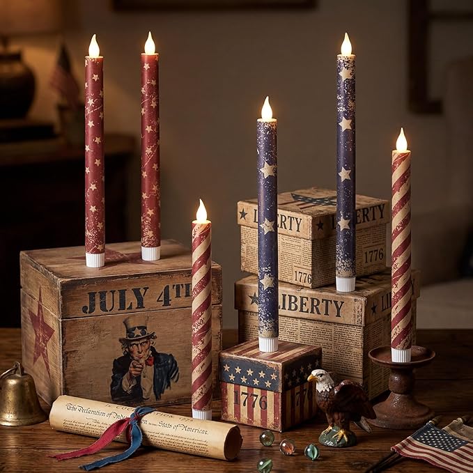 Honoson 6 Pcs 4th of July Taper Candles 10.6 Inch Patriotic Flameless Candles Battery Operated Red White and Blue LED Candlesticks for Independence Day Dinner Table Home Party Decoration
