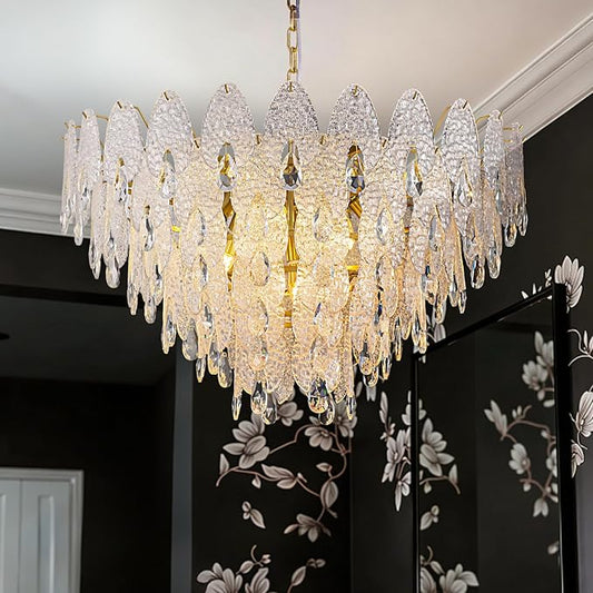 31.5" Gold Glass Chandelier, 5-Tier 12-Light Round Pendant Ceiling Fixture 59" Hanging Adjustable Chain for Foyer, Living Room, Bedroom, Dining Room