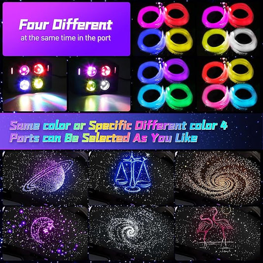 4 Colors 32W Twinkle Car Starlight Headliner Kit 600pcs*0.03in*13.1ft with APP&RF Remote, RGBW Fiber Optic Strands Star Roof Lights,4 Port Engine Sound Activated Ceiling Star Lights for Home/Car Decor