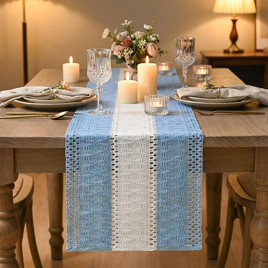 Artoid Mode Sky Blue Farmhouse Rustic Table Runner, Seasonal Hollow Kitchen Dining Table Decoration for Home Party Decor 12x72 Inch