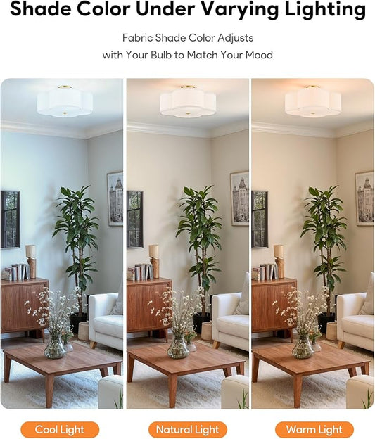 VONLUCE Semi-Flush Mount Ceiling Light, 15.8" Modern 4-Light Ceiling Light Fixture with White Clover-Shaped Shade 4 E26 Sockets for Bedroom Entryway Living Room, Gold Finish, ETL Certificated