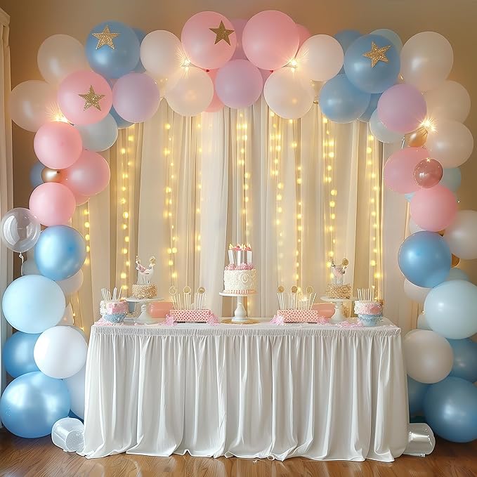 Fomcet Tulle Backdrop Curtains Ivory 30FT X 10FT Tulle Curtain with Lights String Sheer Backdrop Curtains for Parties Wedding Baby Shower Photo Shoot Decorations (6 Panels 5x10FT)
