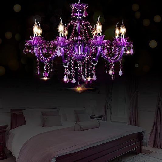 Bagood Purple 8 Lights K9 Crystal Candle Chandeliers Lighting Modern Pendant Lights Ceiling Fixture Lamp for Dining Living Room Bedroom Entry Elegant Decoration E12 Base, H20.5 x W28.3 Inch