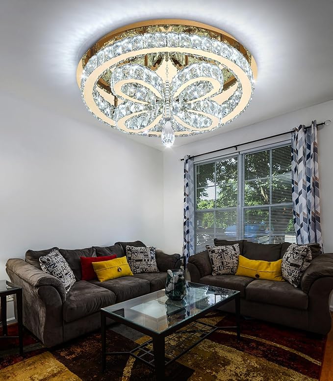 20'' Modern Crystal Chandelier LED Dimmable Flush Mount Ceiling Light Pendant Light for Living Room Bedroom Dining Room Gold Light Fixture