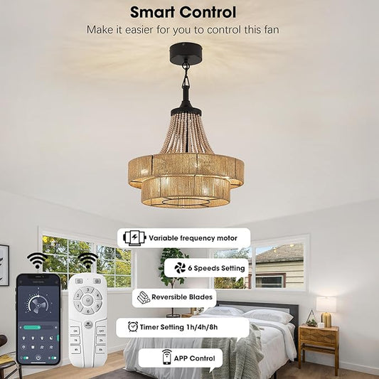 20 inch Boho Chandelier with Fan, Remote and App Control, Double-Layer Drum Shade, 8-Lights Rattan Farmhouse Fandelier for Dining Room, Bedroom, Kitchen