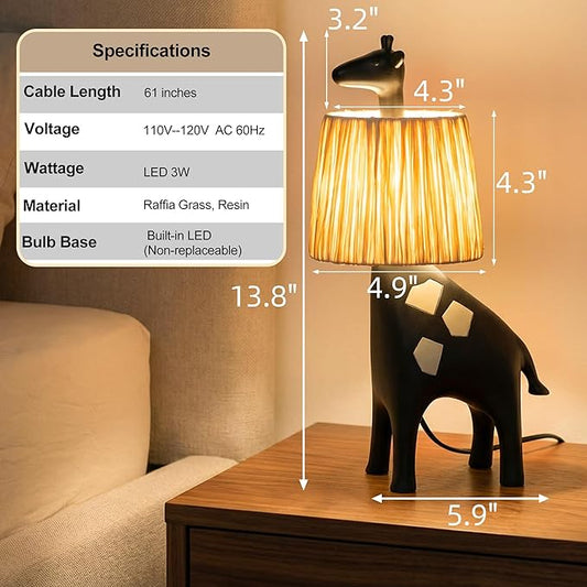 13.7 Inch LED Giraffe Table Lamp, Resin Animal Desk Lamp with Handcrafted Raffia Shade, Unique Decorative Light, Cute Desk Lamps for Nightstand, Bedroom, Playroom, Nursery, Black
