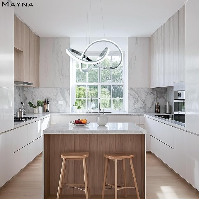MAYNA Modern LED Chandelier for Dining Room, Dimmable LED Pendant Light with Remote, Irregular Infinity Light Fixture for Kitchen Island, 3 Color Changeable Chandelier, Chrome 19.7 inch