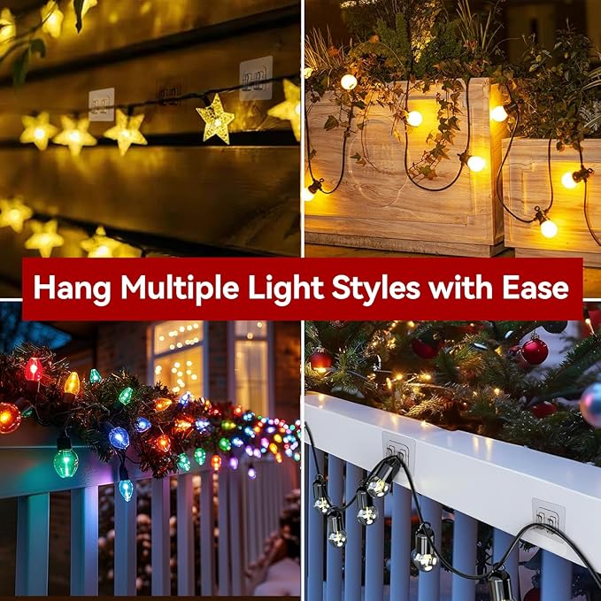 Hooks for Outdoor String Lights, 25 Pack Heavy Duty Cable Clips, Damage Free Cord Clips, Waterproof and UV-Resistant, Clear Self-Adhesive Hooks for Hanging Christmas Lights Outdoor and Patio Decor