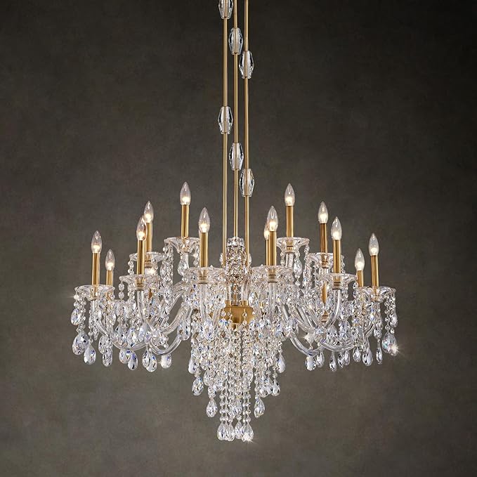 18-Light Crystal Candle Chandelier, Brass Gold Chandelier for Foyer, Staircase & High Ceiling Living Room, Adjustable Height, E12 Base