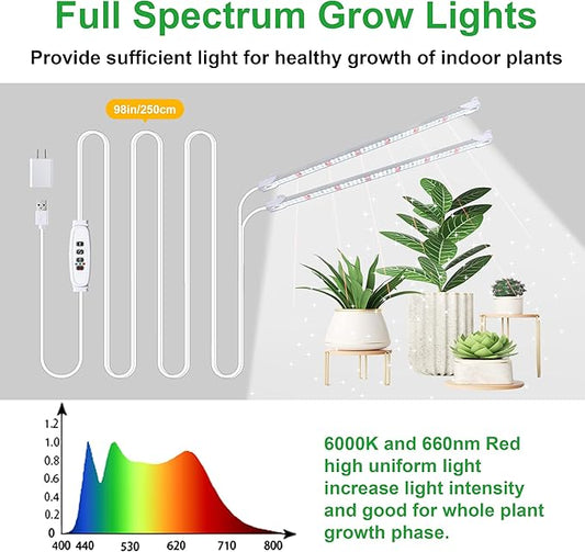 2 Head 13" Growing Lamp for Indoor Plants, Red & White Full Spectrum LED Grow Light Strips with Auto ON/Off, 3/9/12H Timer,10 Dimmable Levels for Green House Seedlings