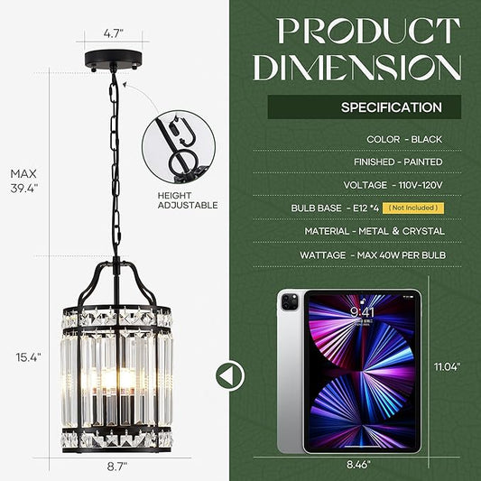 Modern Black Pendant Island Light Fixtures for Kitchen, Luxury Elegant Crystal Small 4-Light Chandeliers for Dining Room, Industrial Cage Hanging Ceiling Lighting for Bedroom Foyer Hallway