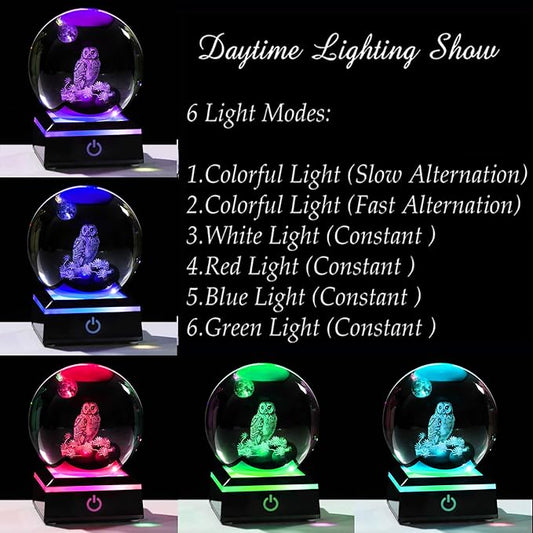 Qianwei Owl Gifts for Women 3D Crystal Ball 3.14'' - Laser Owl Decor Glass Animals Bird Figurines Statue Stuff for Room Decorations Bird Night Light