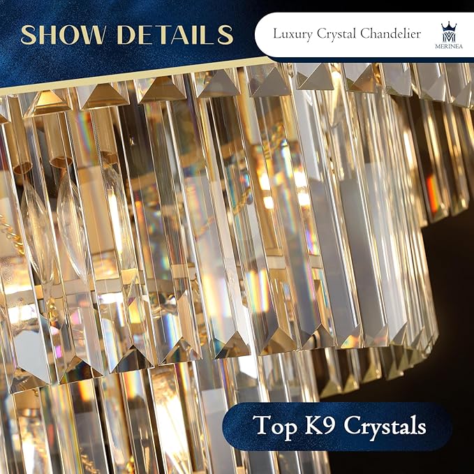 Modern Crystal Chandeliers Luxury Gold 24" Round Chandelier 12 Lights Ceiling Pendant Light Fixture 4-Tier K9 Crystal Lighting for Living Room Dining Room Staircase Foyer